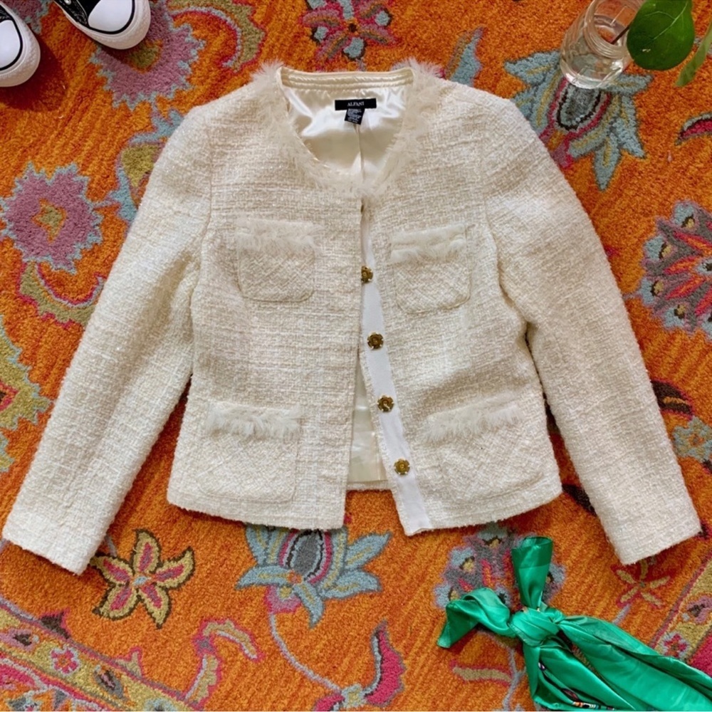 Alfani Cream Ivory Sparkle Tweed Snap Button Blazer Jacket Size 8